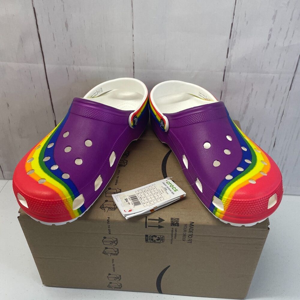 Crocs Classic Rainbow Stripe Clogs MENS 12.0/WOMENS 14.0 Multicolor